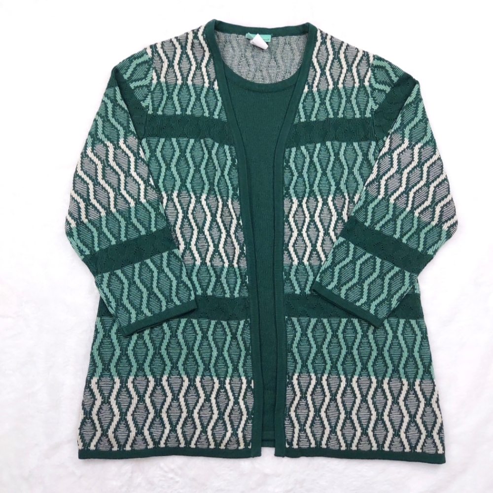 Sara Morgan Green Cream 3/4 Sleeve Cardigan w/ Built In Tank Top Size M